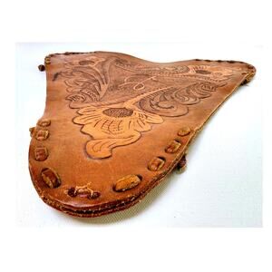 Vintage Western Tooled Leather Tripod Stool Seat Cowboy Camp Decor